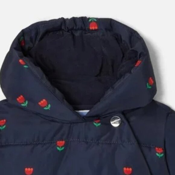 Jacadi Baby pilot snowsuit Puffer Onesie- Navy & red tulips- NWOT - 3M - Picture 3 of 5